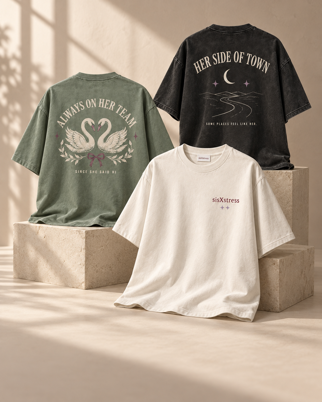 Three sisXstress limited-drop T-shirts in dusty sage, washed black and off-white