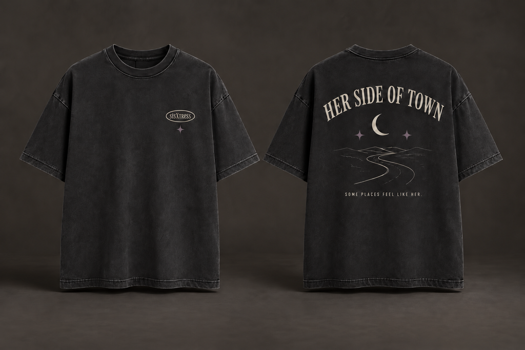sisXstress Her Side of Town washed-black oversized T-shirt, front and back