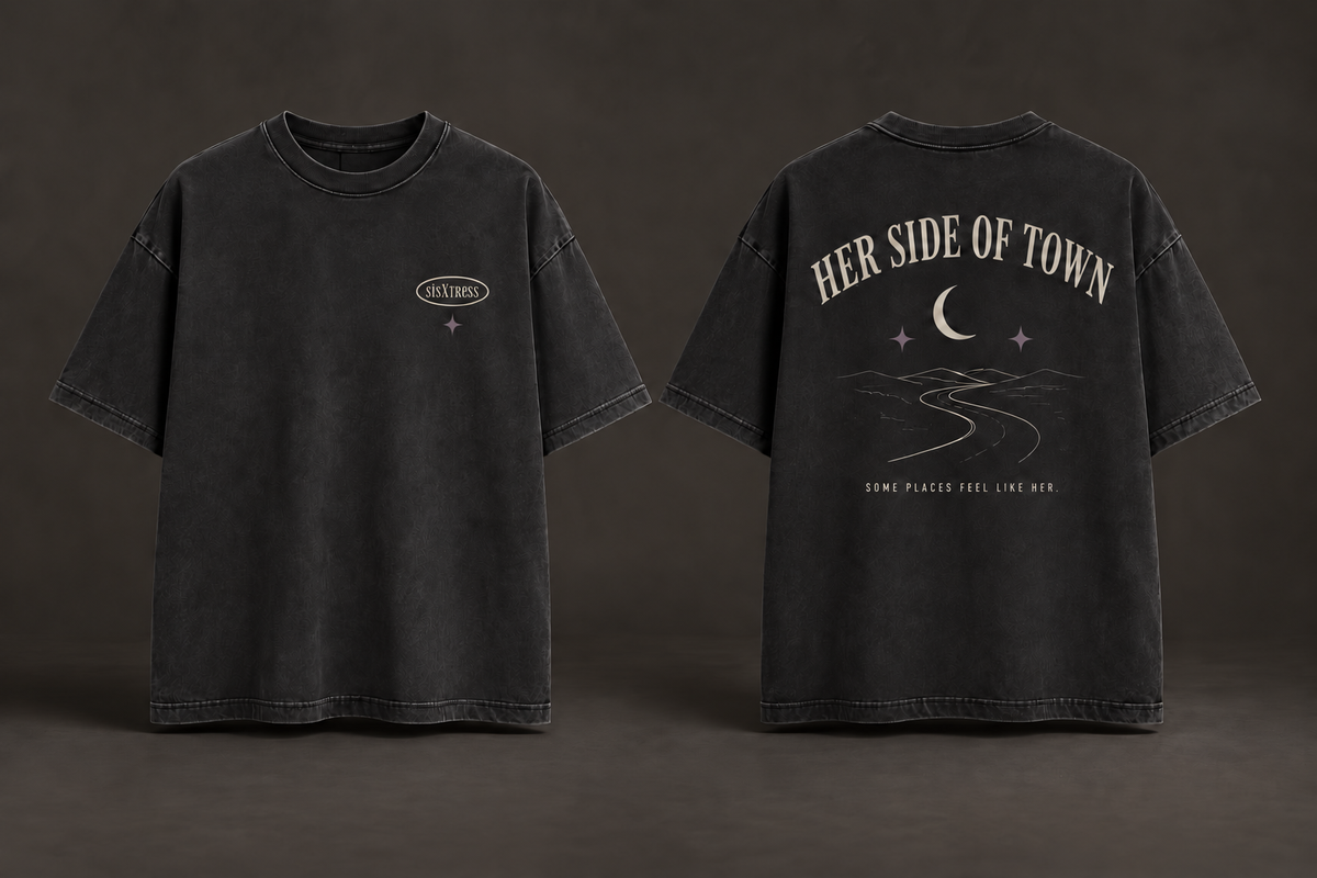 sisXstress Her Side of Town washed-black oversized T-shirt, front and back