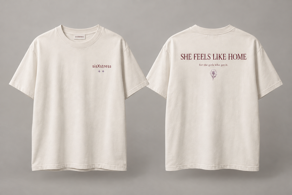sisXstress She Feels Like Home off-white oversized T-shirt, front and back