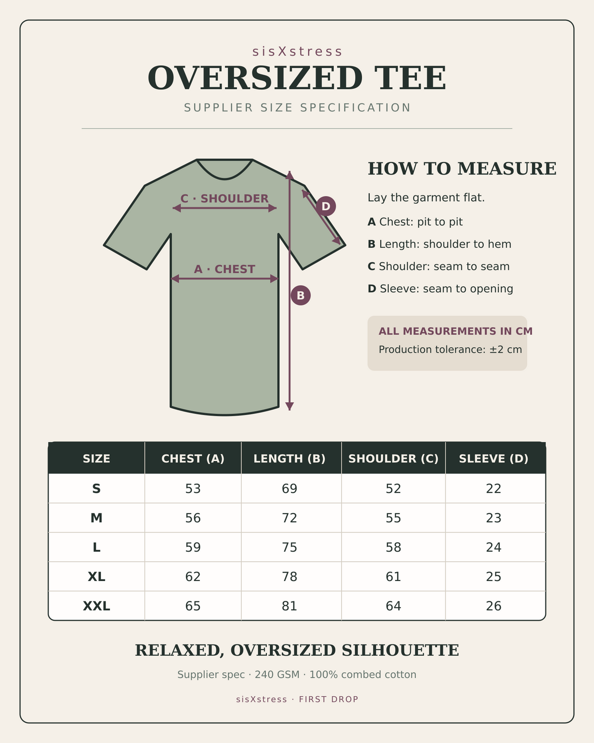 sisXstress oversized T-shirt supplier size guide in centimetres, sizes S to XXL